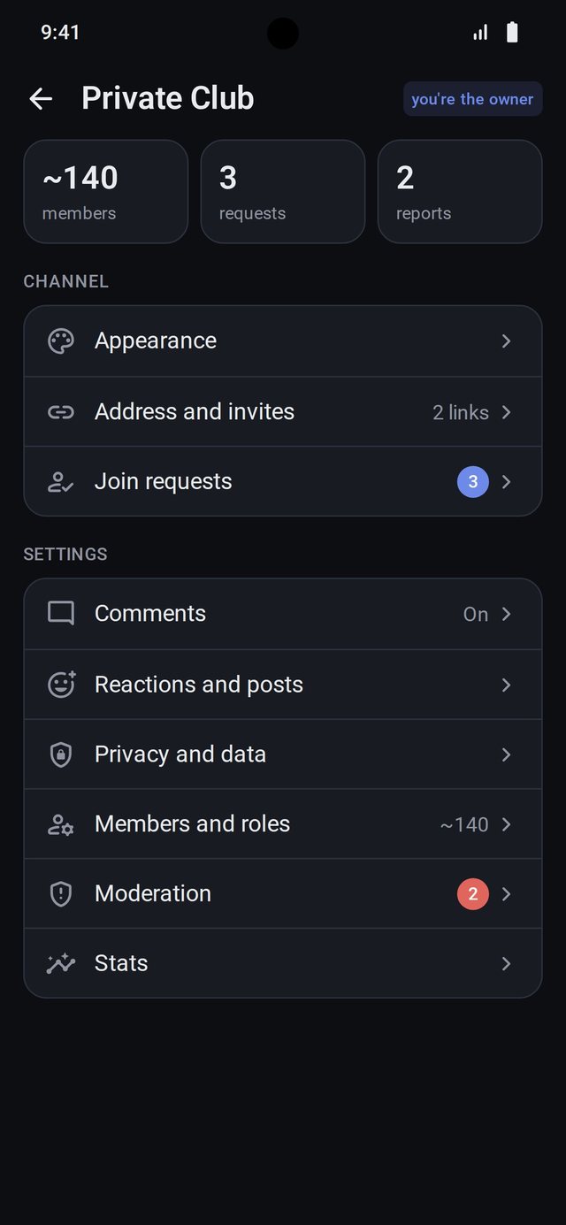 Channel admin panel