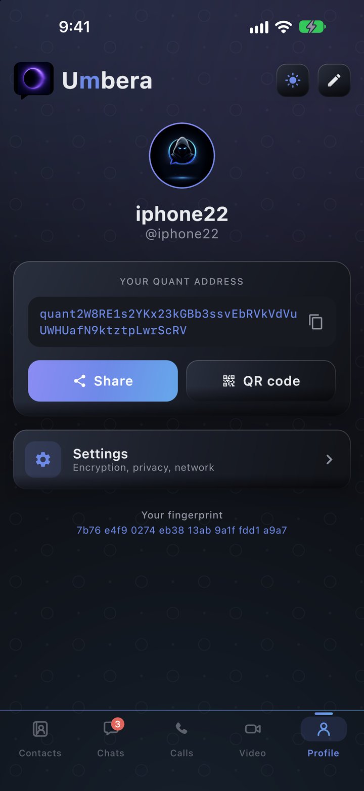 Umbera profile with a quant address instead of a phone number