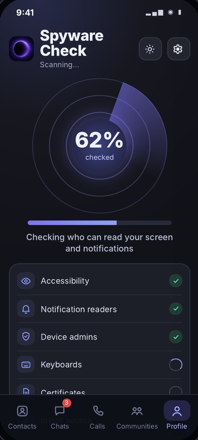 Spyware Check scanning the phone